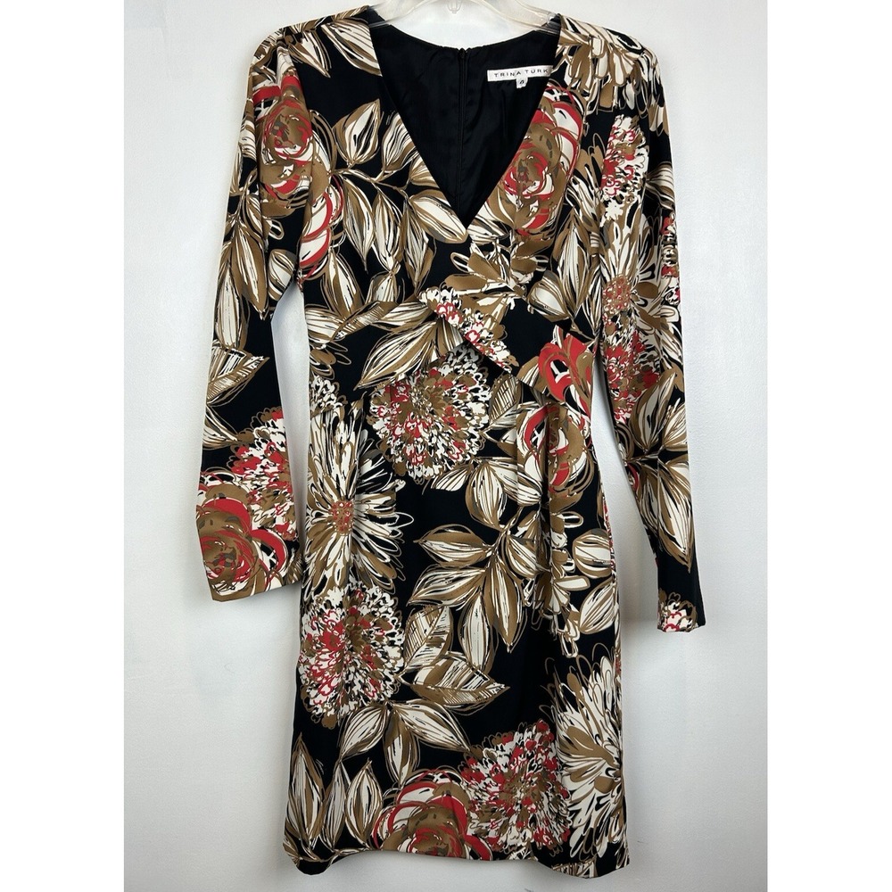 Trina Turk Dress Womens 4 Floral Print Sheath Knee Length Beige Office Career